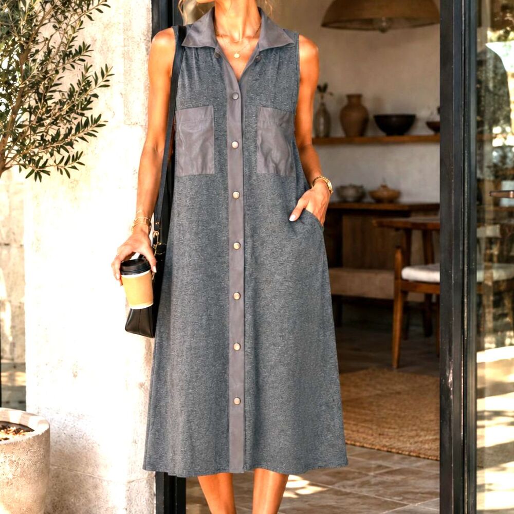 Hunter Bell NY Designer Sleeveless Shirt Dress Charcoal Snap Front Small